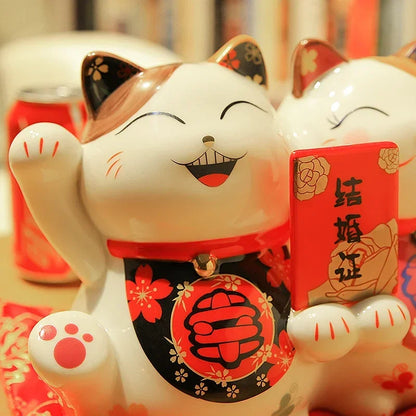 9.5 inch Ceramic Maneki Neko Statue Lucky Cat Money Box Fortune Cat Piggy Bank Feng Shui Figurine Wedding Gift Marriage License