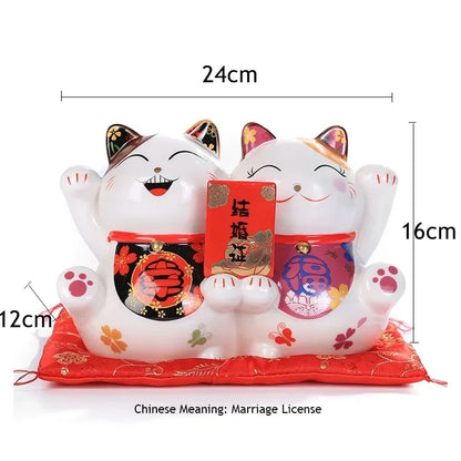 9.5 inch Ceramic Maneki Neko Statue Lucky Cat Money Box Fortune Cat Piggy Bank Feng Shui Figurine Wedding Gift Marriage License