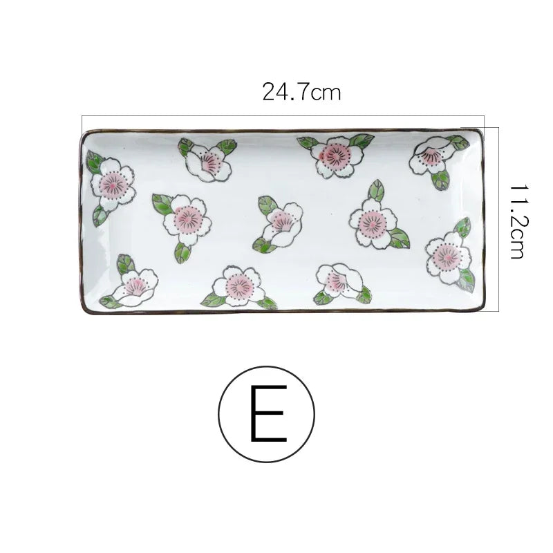 9.7 inch Japanese Sushi Plate Ceramic Dinner Plate Flower Fruit Dinnerware Rectangle Dinner Dishes Household Plate