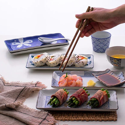9.7 inch Japanese Sushi Plate Ceramic Dinner Plate Flower Fruit Dinnerware Rectangle Dinner Dishes Household Plate
