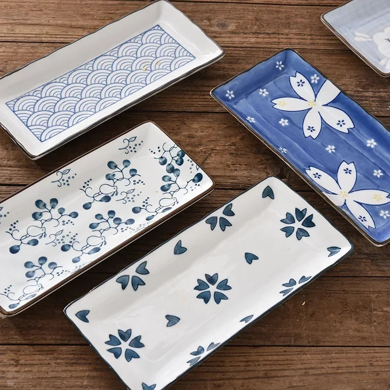 9.7 inch Japanese Sushi Plate Ceramic Dinner Plate Flower Fruit Dinnerware Rectangle Dinner Dishes Household Plate