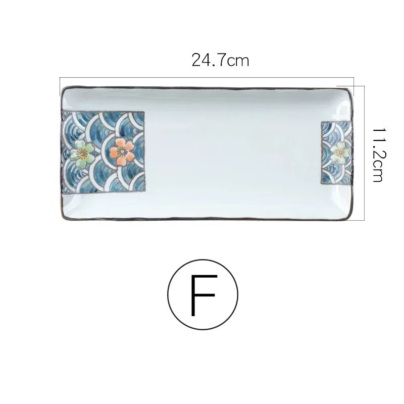 9.7 inch Japanese Sushi Plate Ceramic Dinner Plate Flower Fruit Dinnerware Rectangle Dinner Dishes Household Plate