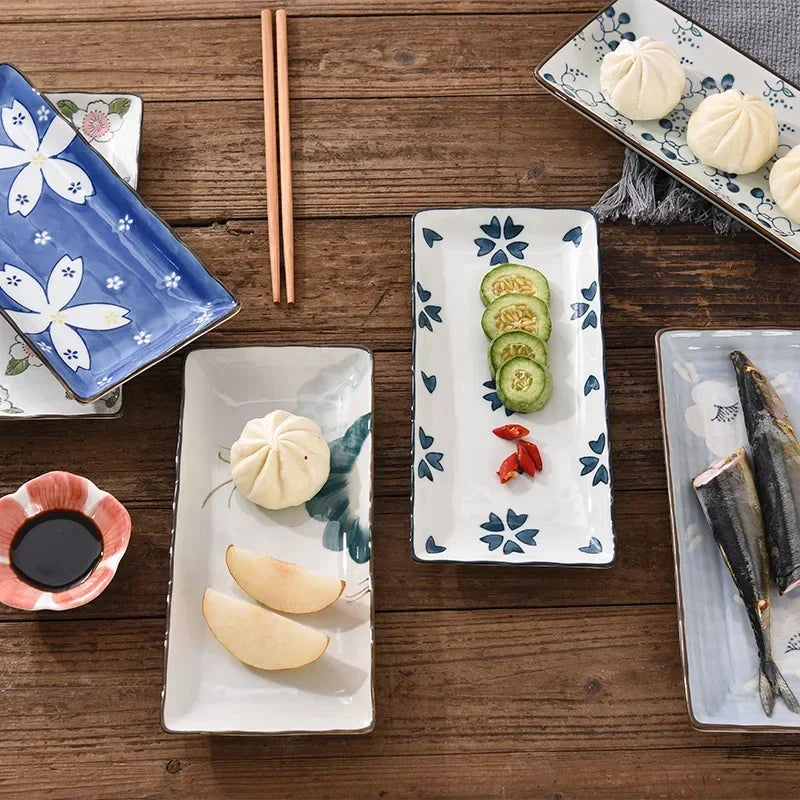 9.7 inch Japanese Sushi Plate Ceramic Dinner Plate Flower Fruit Dinnerware Rectangle Dinner Dishes Household Plate