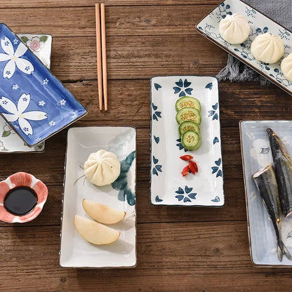 9.7 inch Japanese Sushi Plate Ceramic Dinner Plate Flower Fruit Dinnerware Rectangle Dinner Dishes Household Plate