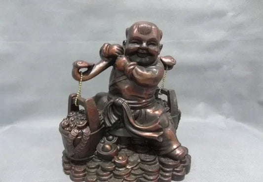 9" Chinese Pure Bronze Wealth YuanBao Child Kid shouldering Coin Barrel Statue