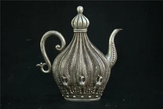 9" Tibet Silver Copper Cupronickel Peacock Teapot Kettle Statue W qianlong Mark