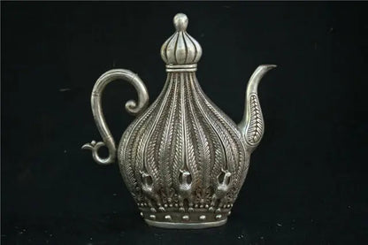 9" Tibet Silver Copper Cupronickel Peacock Teapot Kettle Statue W qianlong Mark