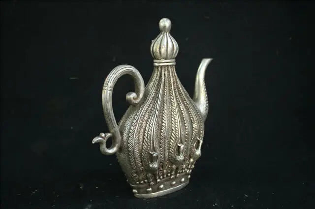 9" Tibet Silver Copper Cupronickel Peacock Teapot Kettle Statue W qianlong Mark