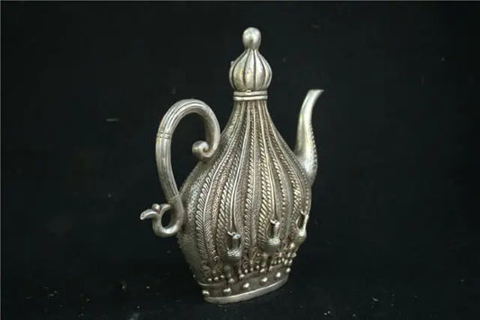 9" Tibet Silver Copper Cupronickel Peacock Teapot Kettle Statue W qianlong Mark