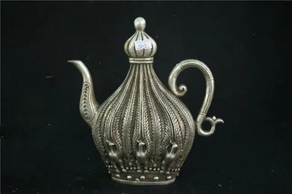 9" Tibet Silver Copper Cupronickel Peacock Teapot Kettle Statue W qianlong Mark