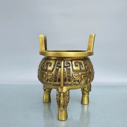 9"Tibet Temple Collection Brass Animal pattern binaural three-legged Furnace Ding incense burner Gather fortune ornament