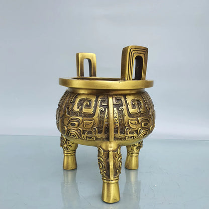 9"Tibet Temple Collection Brass Animal pattern binaural three-legged Furnace Ding incense burner Gather fortune ornament