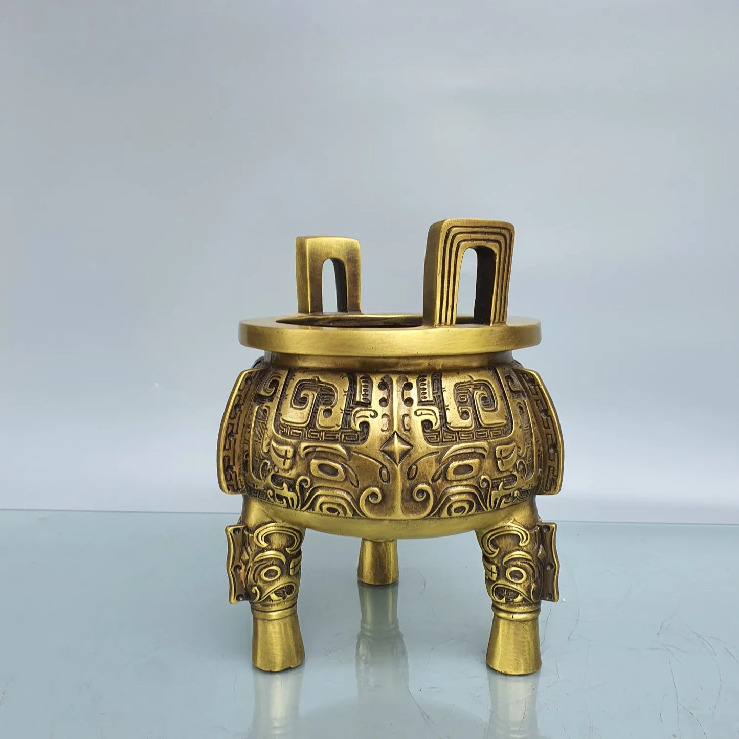 9"Tibet Temple Collection Brass Animal pattern binaural three-legged Furnace Ding incense burner Gather fortune ornament