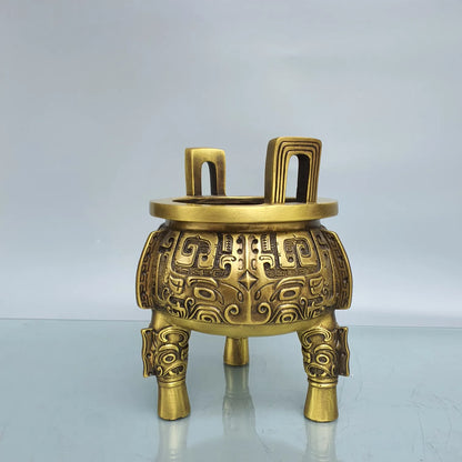 9"Tibet Temple Collection Brass Animal pattern binaural three-legged Furnace Ding incense burner Gather fortune ornament