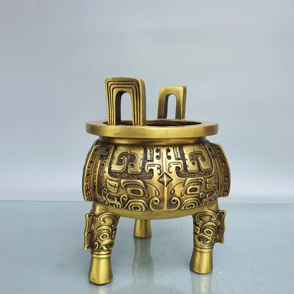 9"Tibet Temple Collection Brass Animal pattern binaural three-legged Furnace Ding incense burner Gather fortune ornament