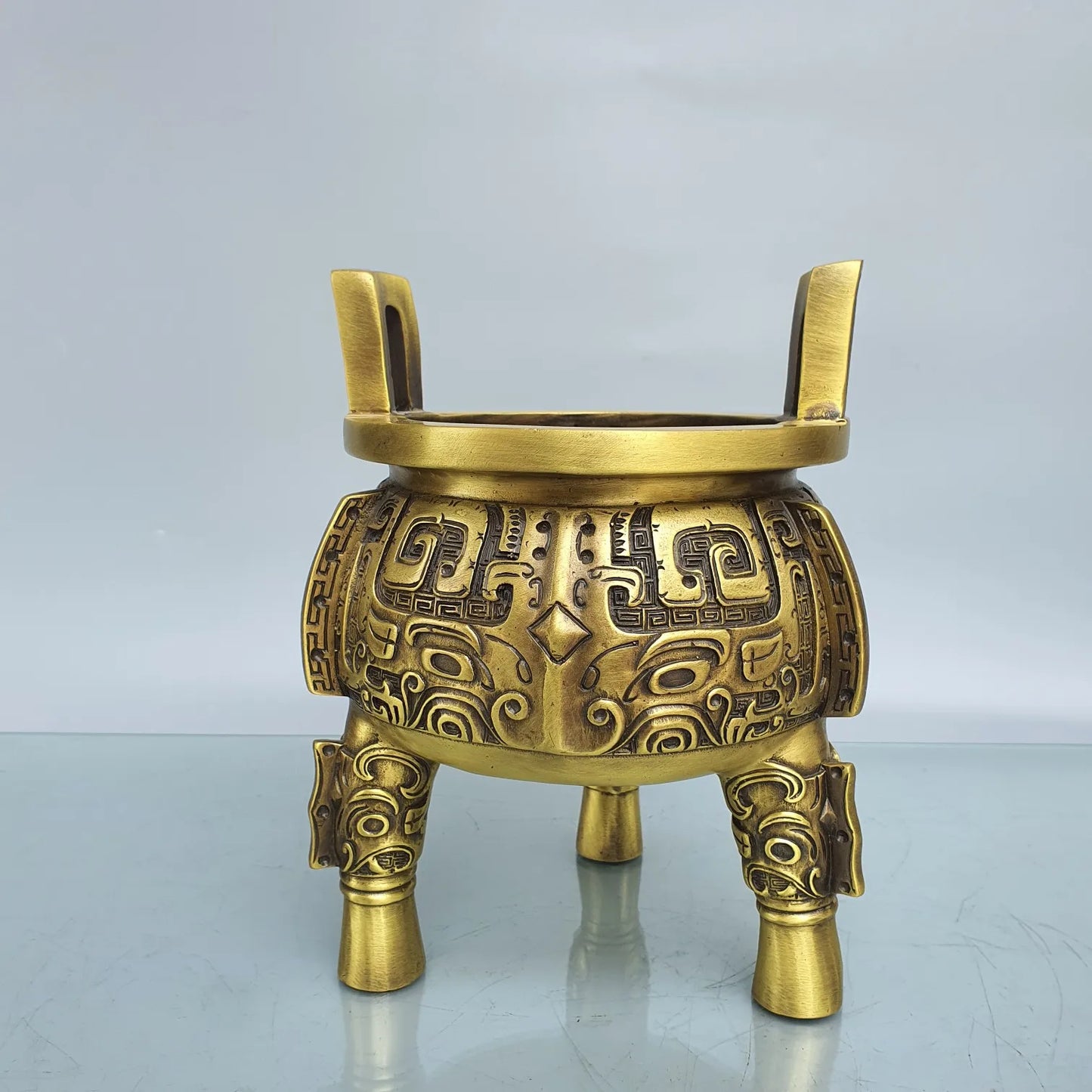 9"Tibet Temple Collection Brass Animal pattern binaural three-legged Furnace Ding incense burner Gather fortune ornament