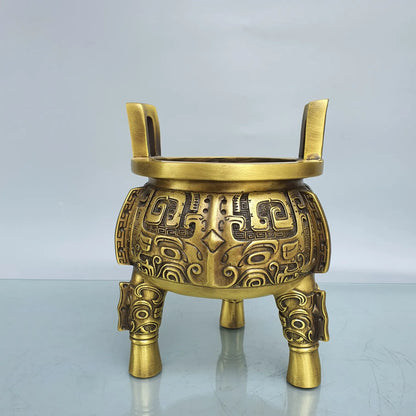9"Tibet Temple Collection Brass Animal pattern binaural three-legged Furnace Ding incense burner Gather fortune ornament