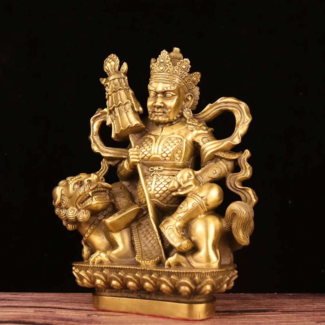 9"Tibet Temple Collection Brass Treasure King Vaisravana lotus platform Sitting Buddha ornament Town house Exorcism