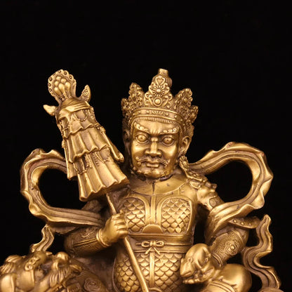 9"Tibet Temple Collection Brass Treasure King Vaisravana lotus platform Sitting Buddha ornament Town house Exorcism