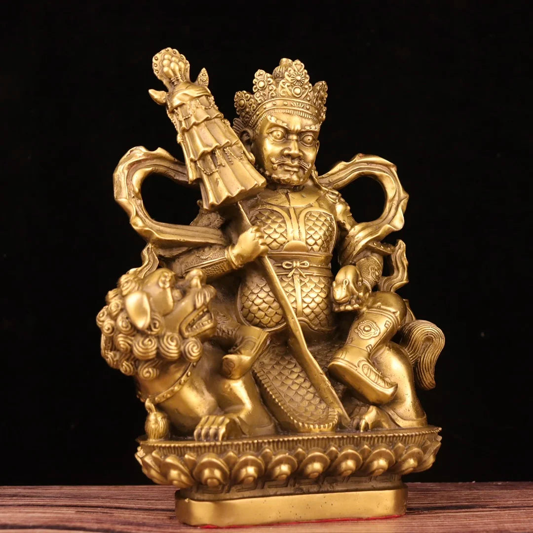 9"Tibet Temple Collection Brass Treasure King Vaisravana lotus platform Sitting Buddha ornament Town house Exorcism