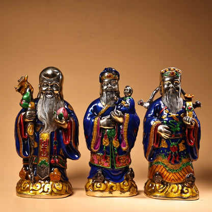 9"Tibet Temple Collection Old Bronze Cloisonne Enamel Three Stars of Luck, Prosperity and Longevity immortal Worship Hall