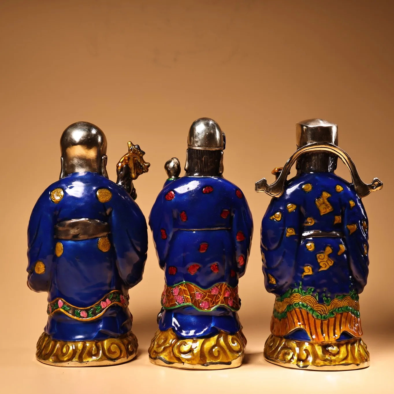 9"Tibet Temple Collection Old Bronze Cloisonne Enamel Three Stars of Luck, Prosperity and Longevity immortal Worship Hall