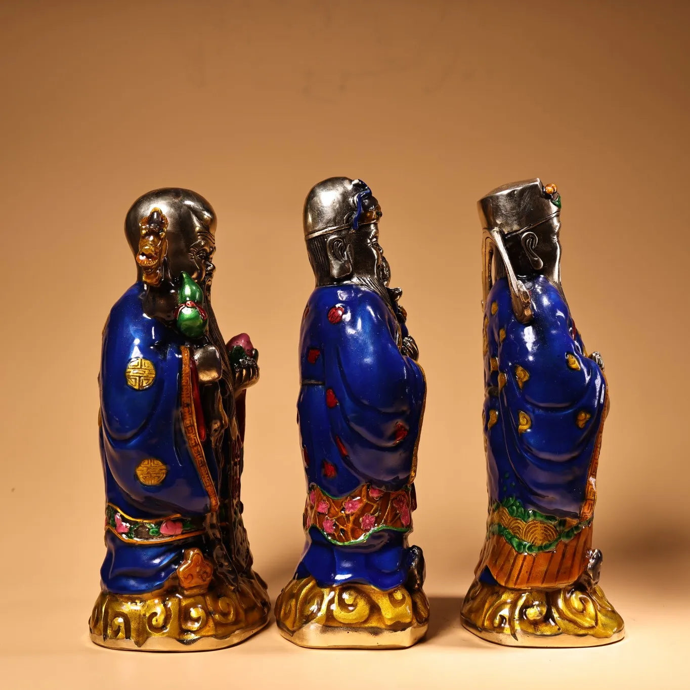 9"Tibet Temple Collection Old Bronze Cloisonne Enamel Three Stars of Luck, Prosperity and Longevity immortal Worship Hall