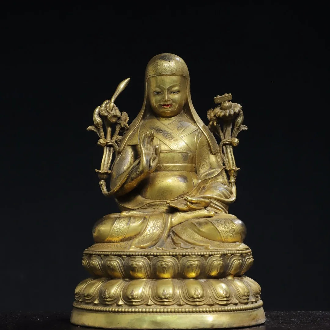 9"Tibet Temple Collection Old Bronze Gilded Tsongkhapa Tibetan Buddha Double Lotus Platform Worship Hall Town house