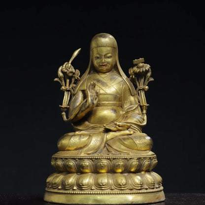 9"Tibet Temple Collection Old Bronze Gilded Tsongkhapa Tibetan Buddha Double Lotus Platform Worship Hall Town house