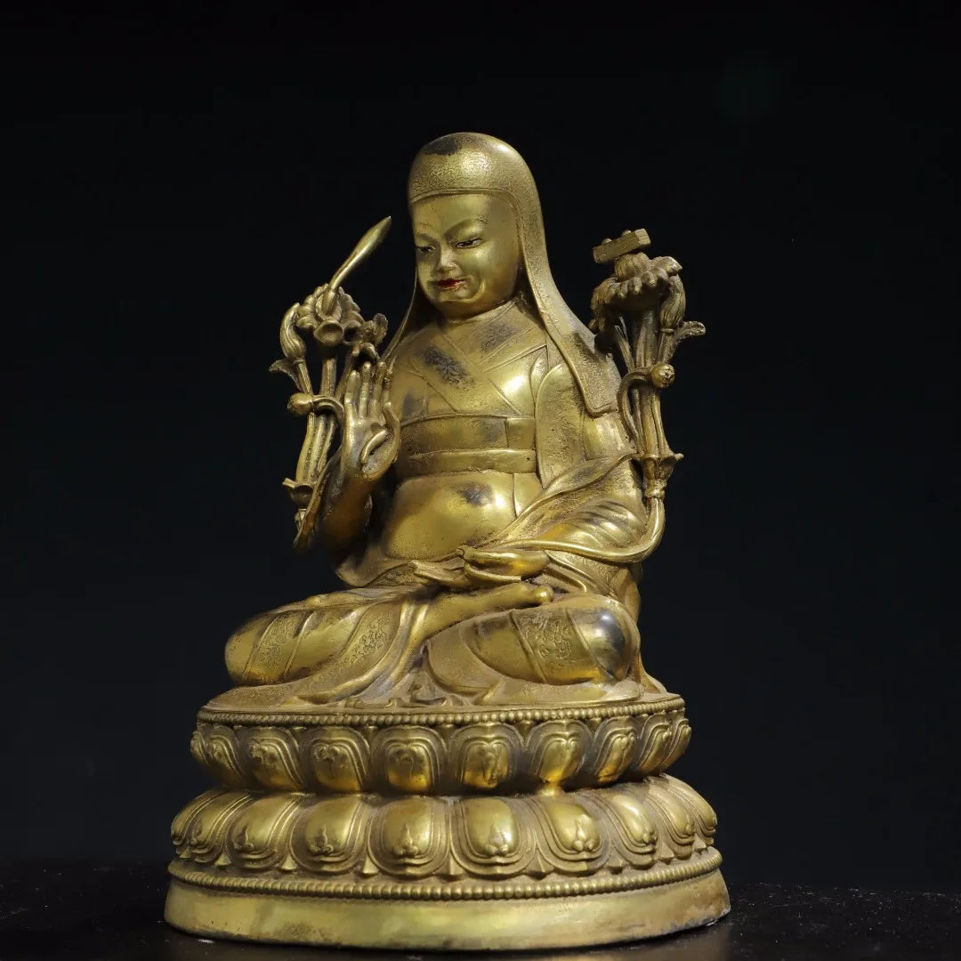 9"Tibet Temple Collection Old Bronze Gilded Tsongkhapa Tibetan Buddha Double Lotus Platform Worship Hall Town house