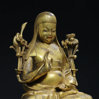 9"Tibet Temple Collection Old Bronze Gilded Tsongkhapa Tibetan Buddha Double Lotus Platform Worship Hall Town house
