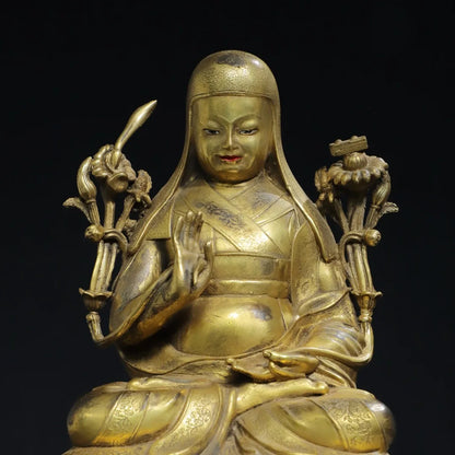 9"Tibet Temple Collection Old Bronze Gilded Tsongkhapa Tibetan Buddha Double Lotus Platform Worship Hall Town house