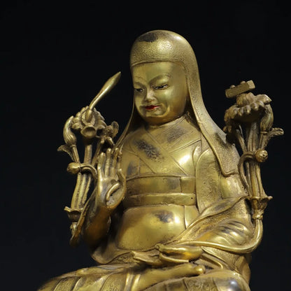 9"Tibet Temple Collection Old Bronze Gilded Tsongkhapa Tibetan Buddha Double Lotus Platform Worship Hall Town house