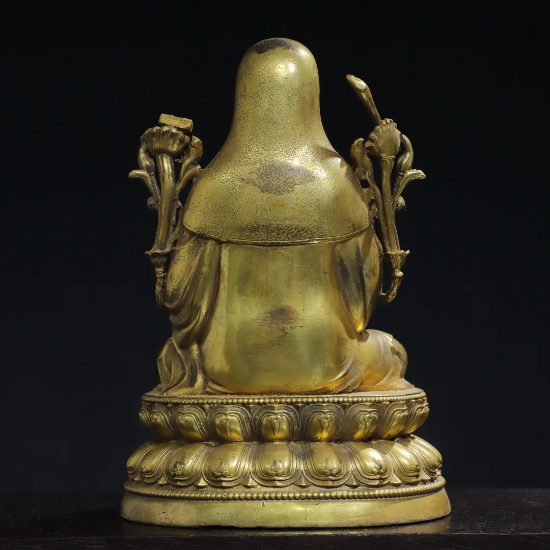 9"Tibet Temple Collection Old Bronze Gilded Tsongkhapa Tibetan Buddha Double Lotus Platform Worship Hall Town house