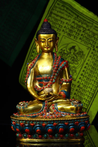 9"Tibet Temple Collection Old Bronze Outline in gold Mosaic Gem Dzi Bead Sakyamuni Sitting Buddha Amitabha Ornaments Town House