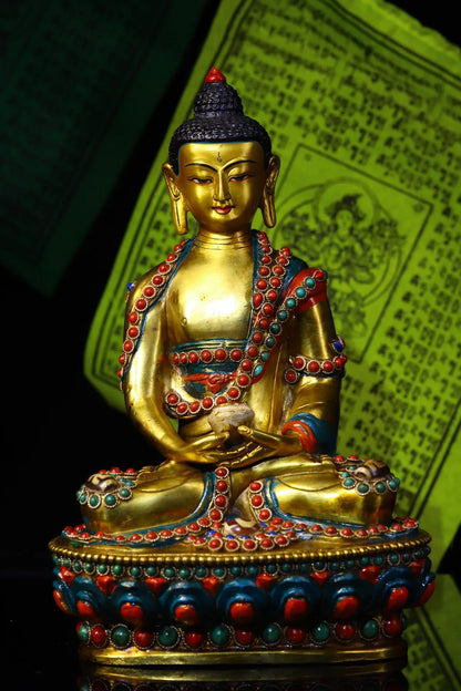 9"Tibet Temple Collection Old Bronze Outline in gold Mosaic Gem Dzi Bead Sakyamuni Sitting Buddha Amitabha Ornaments Town House