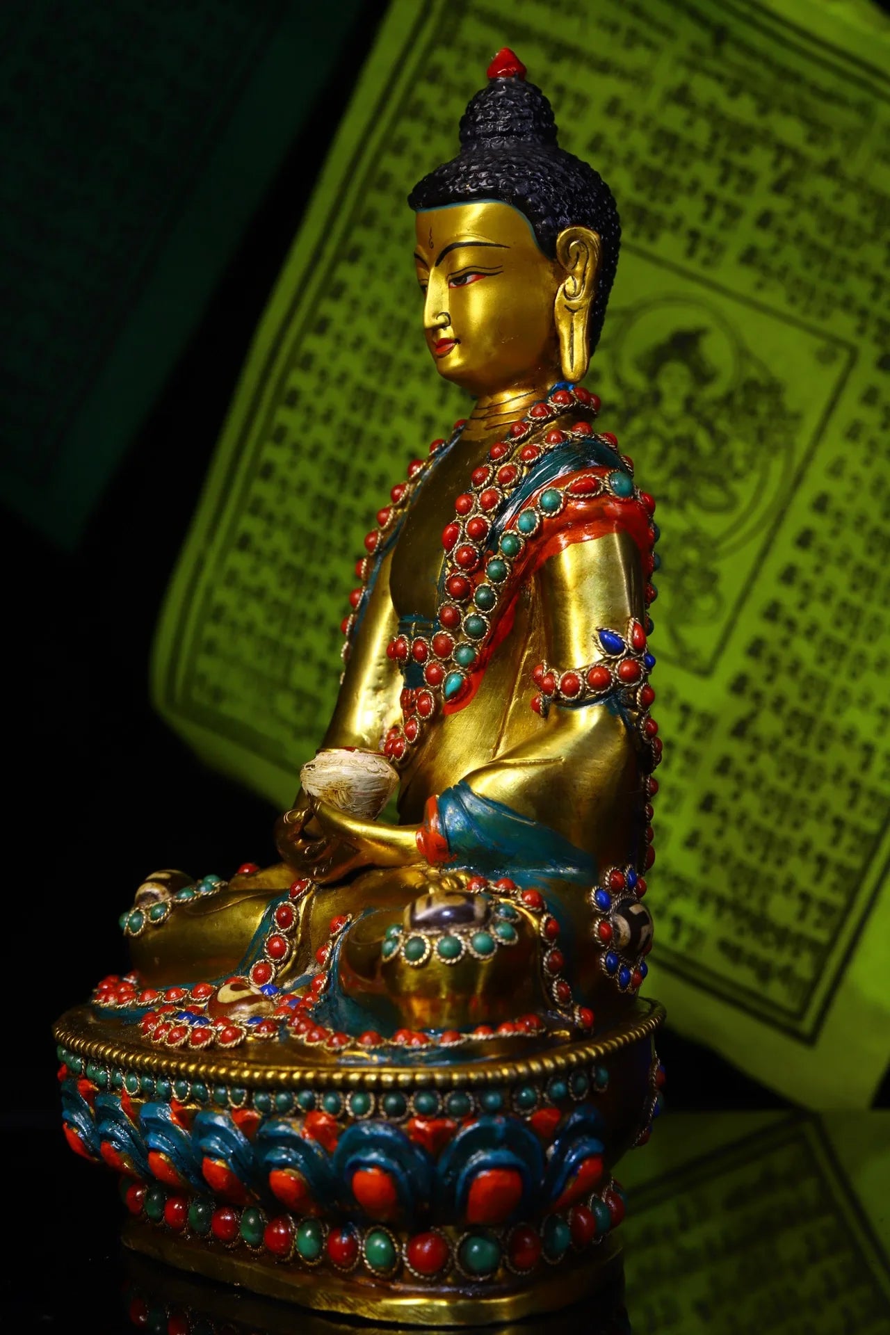 9"Tibet Temple Collection Old Bronze Outline in gold Mosaic Gem Dzi Bead Sakyamuni Sitting Buddha Amitabha Ornaments Town House