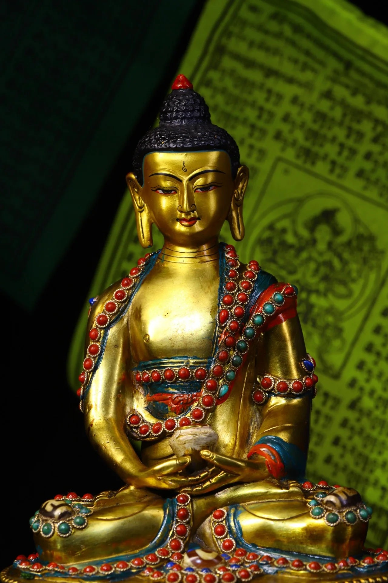 9"Tibet Temple Collection Old Bronze Outline in gold Mosaic Gem Dzi Bead Sakyamuni Sitting Buddha Amitabha Ornaments Town House