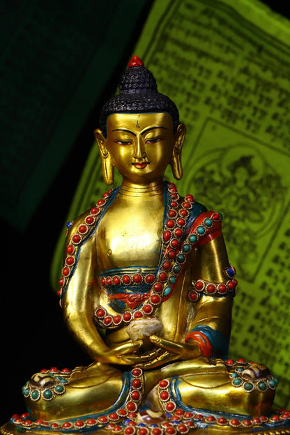 9"Tibet Temple Collection Old Bronze Outline in gold Mosaic Gem Dzi Bead Sakyamuni Sitting Buddha Amitabha Ornaments Town House