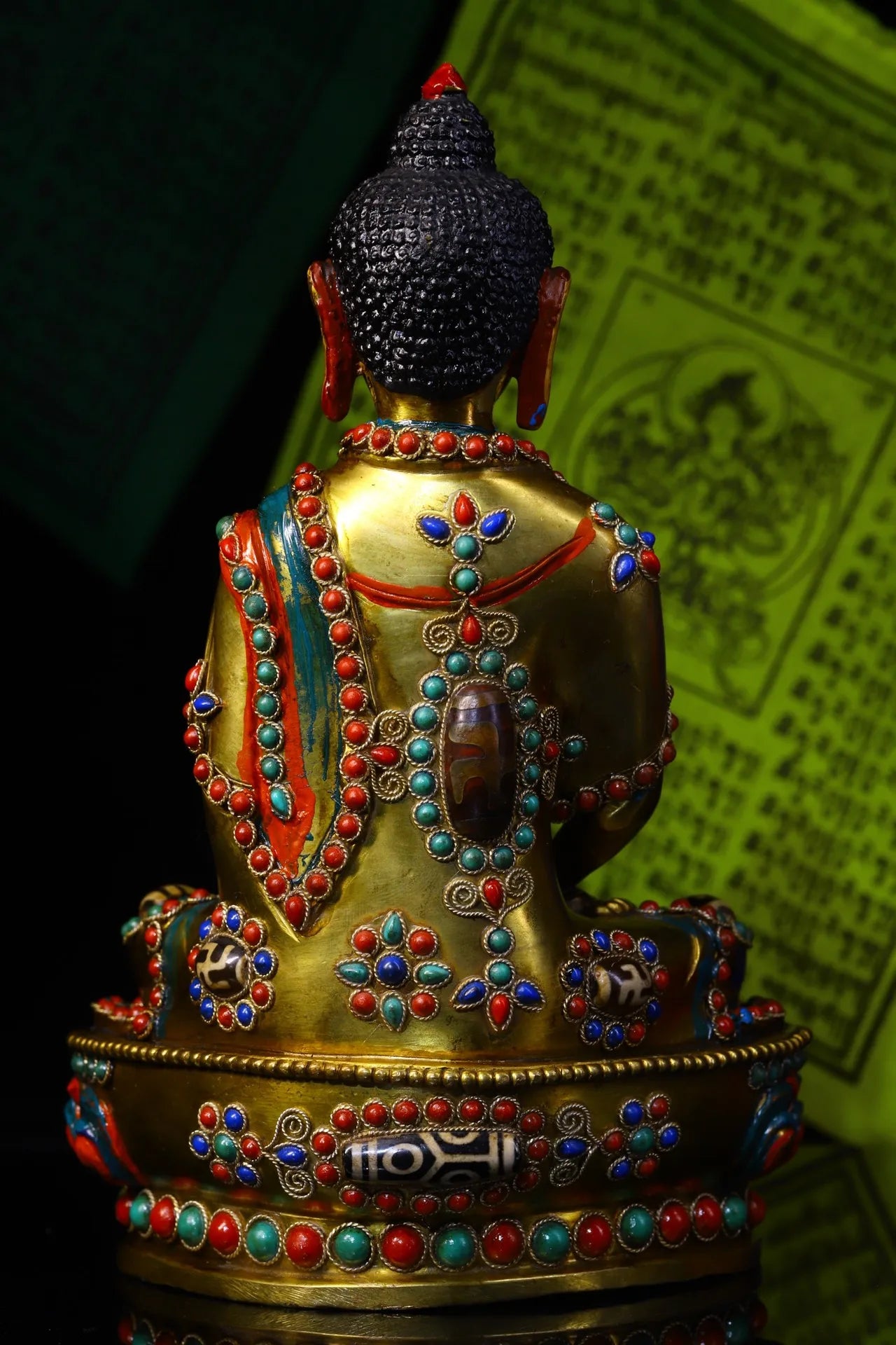 9"Tibet Temple Collection Old Bronze Outline in gold Mosaic Gem Dzi Bead Sakyamuni Sitting Buddha Amitabha Ornaments Town House