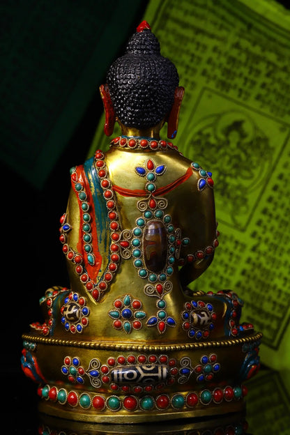 9"Tibet Temple Collection Old Bronze Outline in gold Mosaic Gem Dzi Bead Sakyamuni Sitting Buddha Amitabha Ornaments Town House