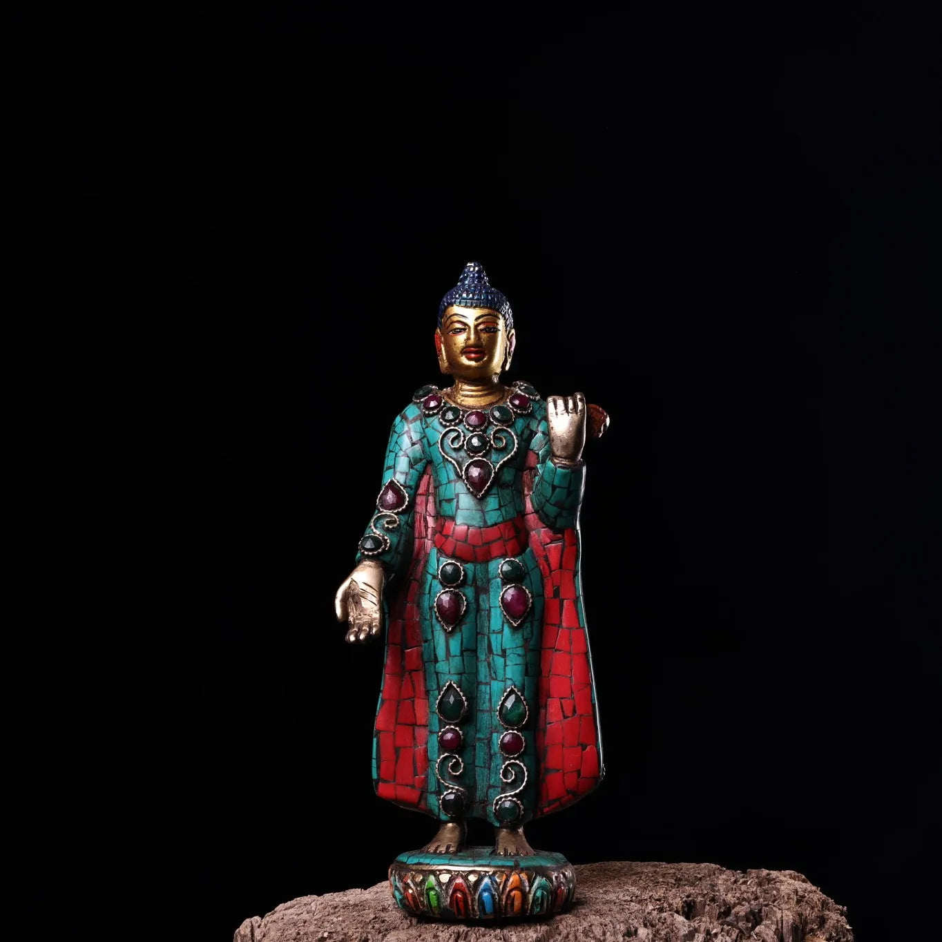 9"Tibet Temple Collection Old Bronze Outline in gold Mosaic Gem Turquoise Sakyamuni Standing Buddha Amitabha Worship Hall