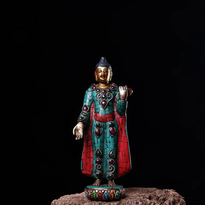 9"Tibet Temple Collection Old Bronze Outline in gold Mosaic Gem Turquoise Sakyamuni Standing Buddha Amitabha Worship Hall