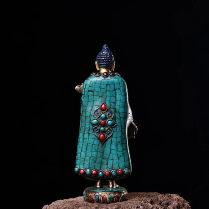 9"Tibet Temple Collection Old Bronze Outline in gold Mosaic Gem Turquoise Sakyamuni Standing Buddha Amitabha Worship Hall