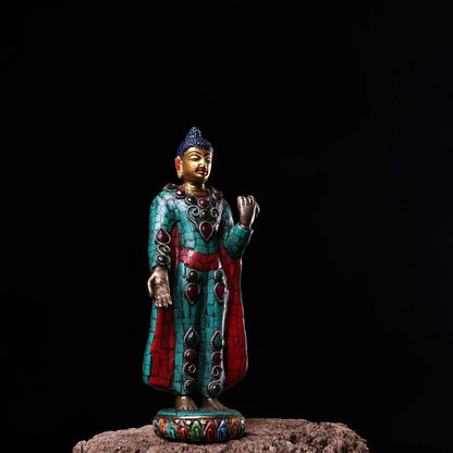 9"Tibet Temple Collection Old Bronze Outline in gold Mosaic Gem Turquoise Sakyamuni Standing Buddha Amitabha Worship Hall