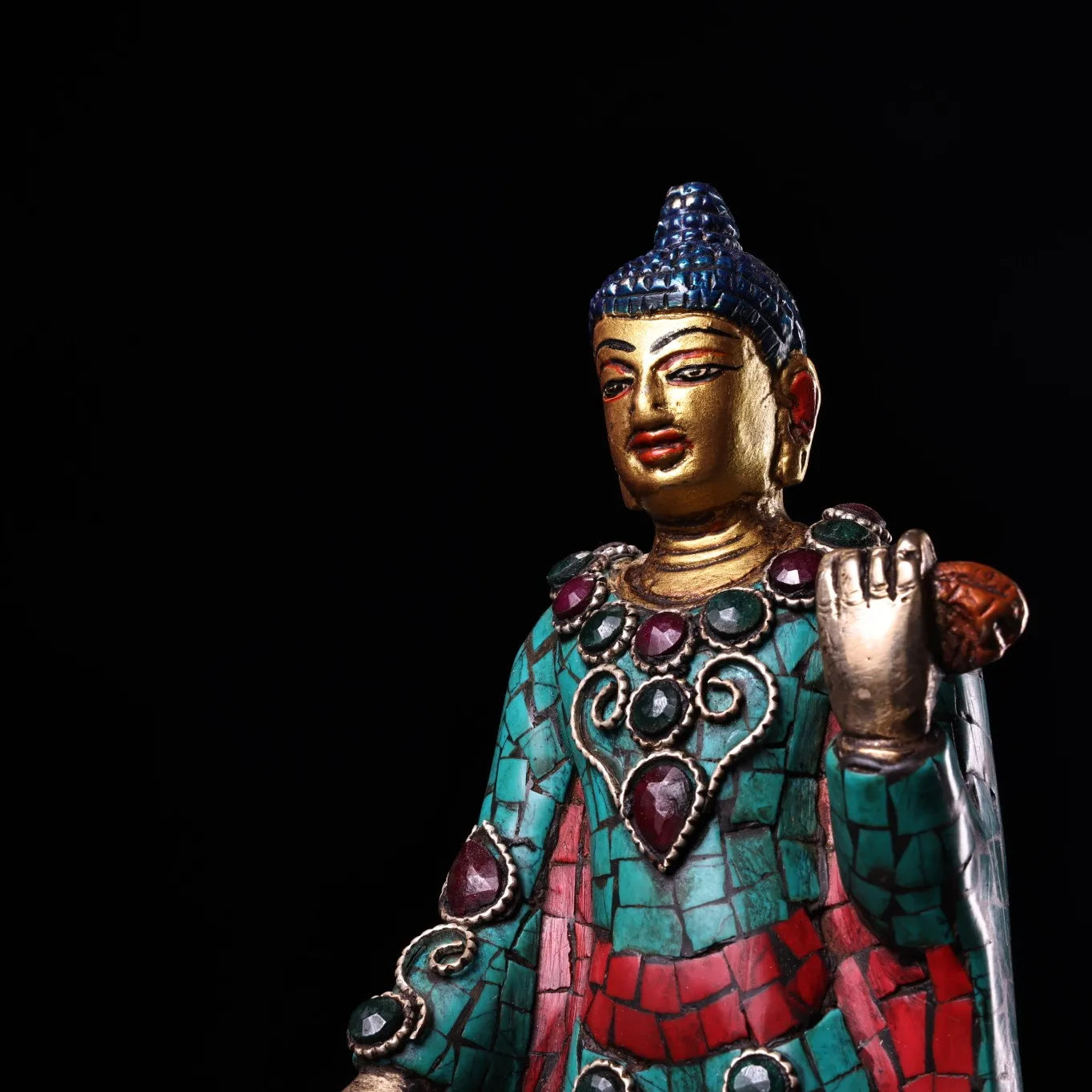 9"Tibet Temple Collection Old Bronze Outline in gold Mosaic Gem Turquoise Sakyamuni Standing Buddha Amitabha Worship Hall