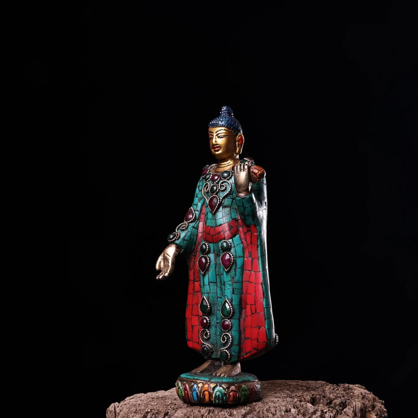 9"Tibet Temple Collection Old Bronze Outline in gold Mosaic Gem Turquoise Sakyamuni Standing Buddha Amitabha Worship Hall