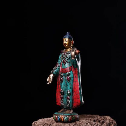 9"Tibet Temple Collection Old Bronze Outline in gold Mosaic Gem Turquoise Sakyamuni Standing Buddha Amitabha Worship Hall