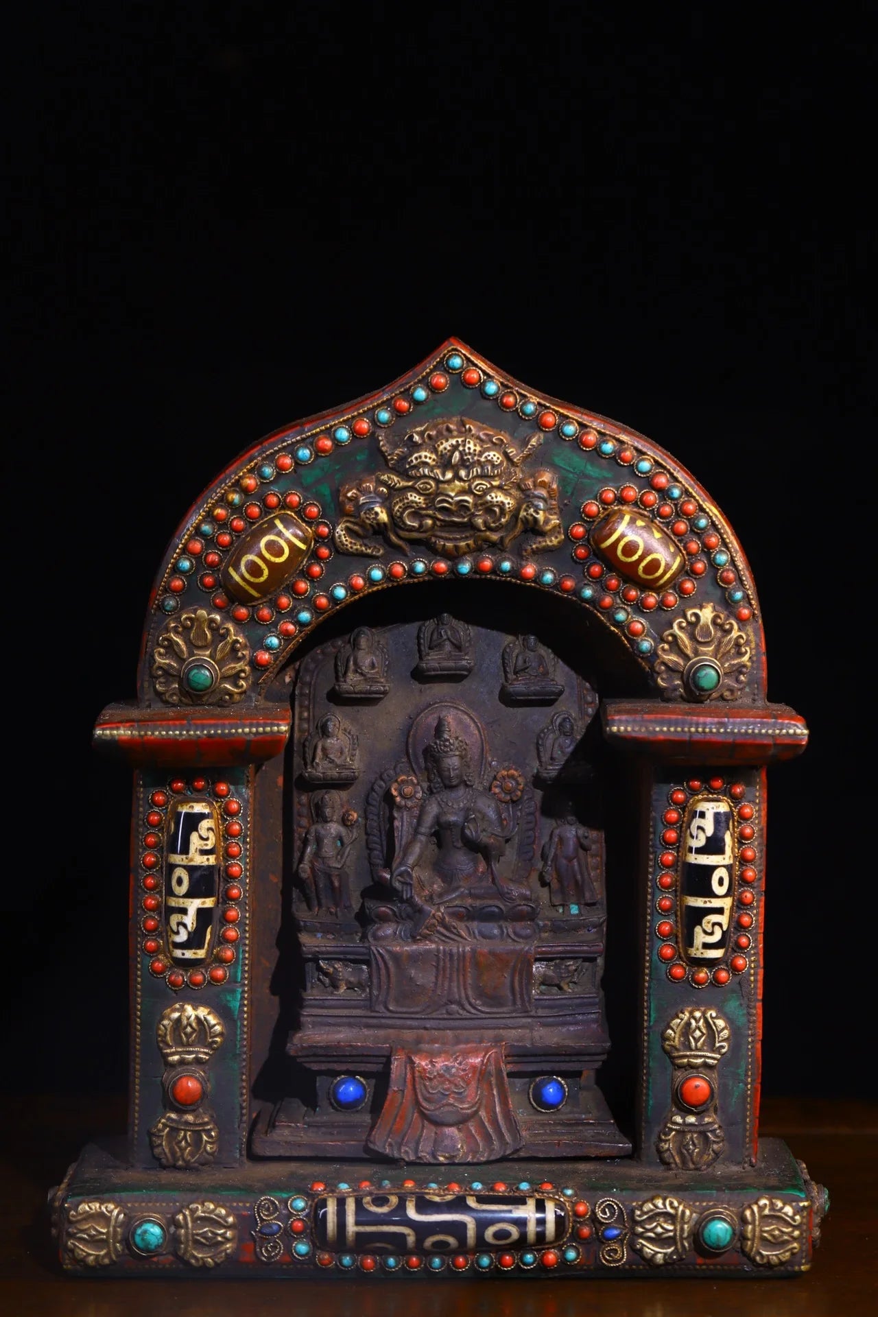 9"Tibet Temple Collection Old Bronze Painted Mosaic Gem gZi Beads Turquoise 8 Tara Statue Buddhist Niche Worship Hall Town house