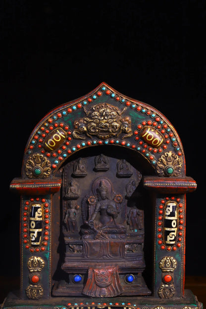 9"Tibet Temple Collection Old Bronze Painted Mosaic Gem gZi Beads Turquoise 8 Tara Statue Buddhist Niche Worship Hall Town house